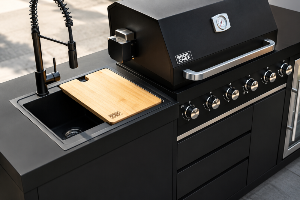 BroilChef Yosemite 6 Burner Black S/S Suite – Cucina outdoor completa con barbecue 6 fuochi, lavello e frigo