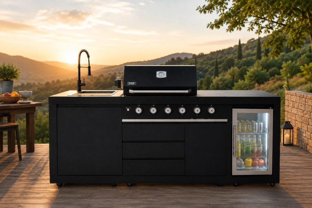 BroilChef Yosemite 6 Burner Black S/S Suite – Cucina outdoor completa con barbecue 6 fuochi, lavello e frigo