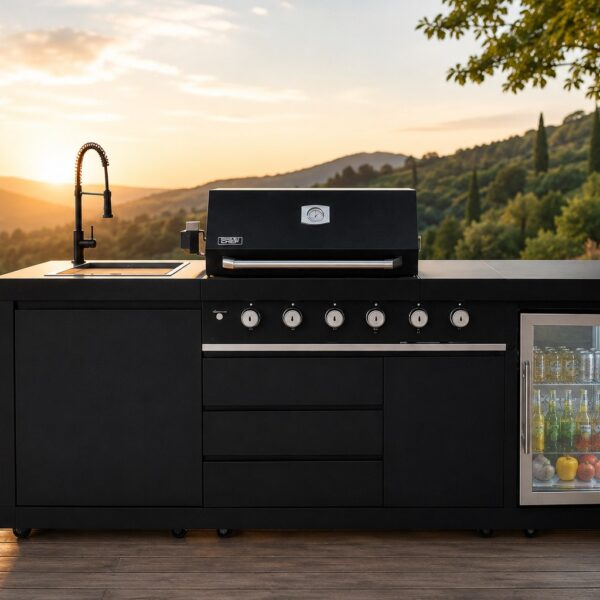 BroilChef Yosemite 6 Burner Black S/S Suite – Cucina outdoor completa con barbecue 6 fuochi, lavello e frigo