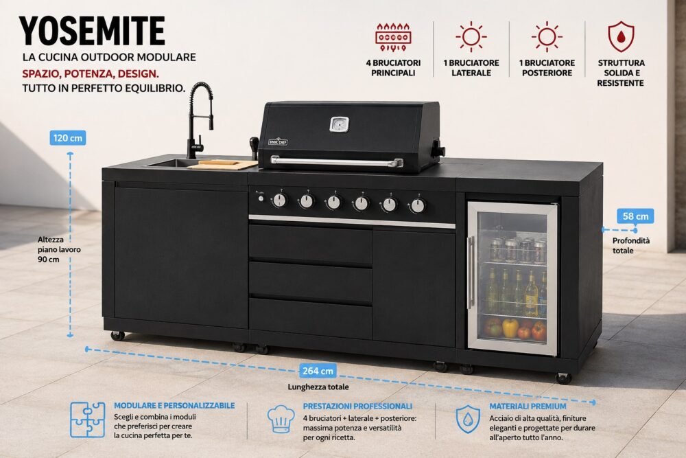BroilChef Yosemite 6 Burner Black S/S Suite – Cucina outdoor completa con barbecue 6 fuochi, lavello e frigo